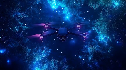 Wall Mural - drone capturing vibrant light trails in bioluminescent nighttime forest landscape