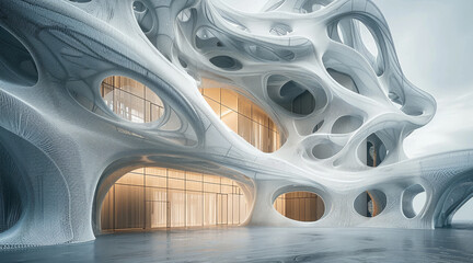 Poster - A building with futuristic forms, some of the walls are made out of threads.