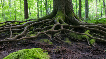 Poster - Ancient Tree Roots Winding Over Mossy Rocks