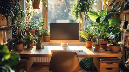 Poster - A lonely desk in an office with lots of plants.