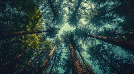 Poster - A dense forest, tall Trees Canopy, forest from below, summer.