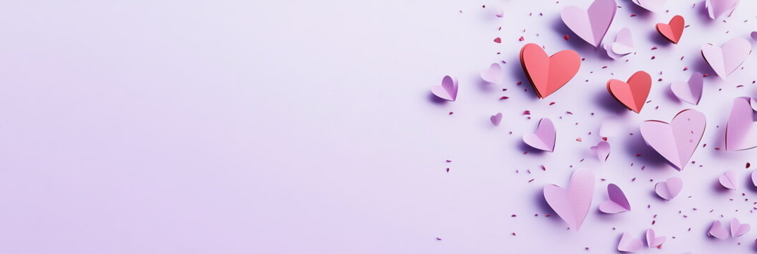 Elegant banner with cute love notes and paper hearts on light lavender solid background Valentine's day horizontal greeting card mockup, minimal style composition with copy space, love wedding
