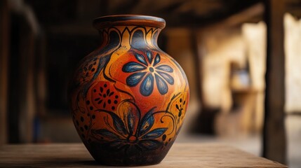 Wall Mural - Hand-Painted Ceramic Vase with Intricate Floral Design