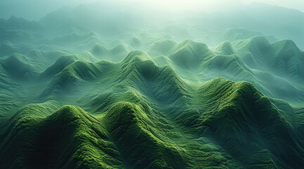 Poster - The green mountain ranges from above, dusty piles, dreamy atmosphere.