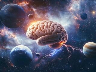 Poster - A Visionary Brain Floating in the Cosmic Expanse Igniting Thoughts like Celestial Constellations