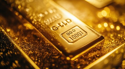 Poster - A close-up shot of a shining gold bar, showcasing its rich, lustrous surface and solid structure, symbolizing stability and wealth.