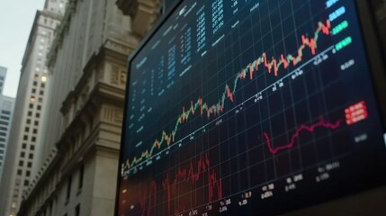 Poster - A close up of the S P 500 index on a large screen, stock numbers and charts indicating real-time market activity and trends.