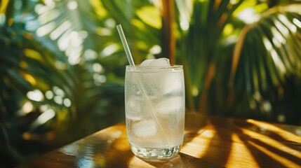 Poster - A crystal-clear glass filled with coconut water and ice, a straw inserted, set on a wooden table, with a soft-focus background of tropical greenery.