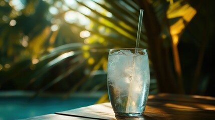 Poster - A crystal-clear glass filled with coconut water and ice, a straw inserted, set on a wooden table, with a soft-focus background of tropical greenery.