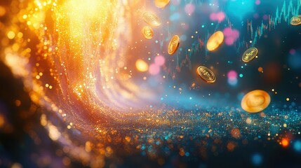 Poster - A financial bull market surge with a cascade of shining Bitcoin coins, vibrant upward-trending stock charts displaying massive growth.