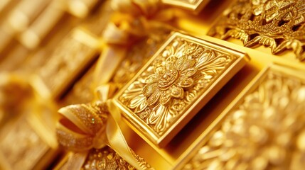 Poster - a golden photo frame with thai square designs, adorned with a ribbon, perfect for framing important 
