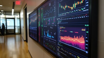 Poster - A large digital monitor displaying the SP 500 index with up-to-the-minute charts and numbers illustrating the health of the market.