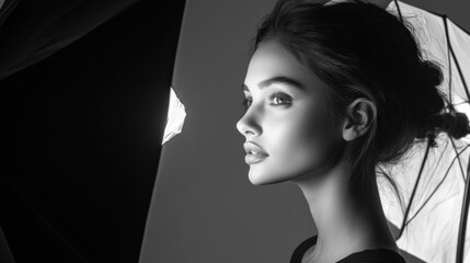 Wall Mural - Black and White Portrait of a Young Woman During a Photo Shoot