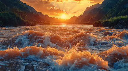 Poster - The River flows freely, the vast River rushes down under the sunset, the waves of water rush down, and there are green mountains in the distance. The clouds are dyed soft red by the sunset.