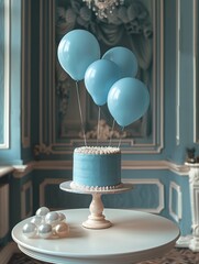 Poster - Empty room prepared for a birthday with a big blue cake over a table.