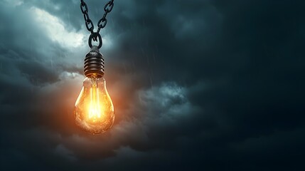 Canvas Print - Glowing Light Bulb Breaking Free from Chains Ascending into Stormy Sky Symbolizing of Radical New Ideas