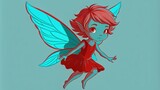 A Green-Skinned Fairy with Red Hair and a Red Dress Flying with Cyan Wings