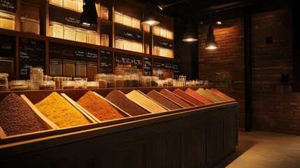 Poster - Elegant minimalist spice market with neatly arranged bins of fragrant spices, clear signage, and soft lighting, emphasizing the textures and aromas.