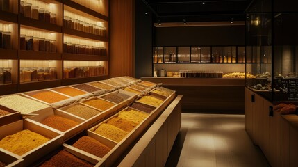 Poster - Elegant minimalist spice market with neatly arranged bins of fragrant spices, clear signage, and soft lighting, emphasizing the textures and aromas.