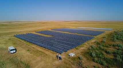 Poster - Engineers carefully inspecting solar arrays in a renewable energy farm, focusing on panel alignment and energy efficiency in the open field