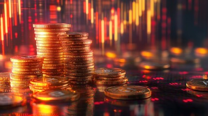 Aufkleber - Glowing golden Bitcoin coins stacked on top of each other, signaling a bull market surge, with a digital chart in the background showing rapid gains.