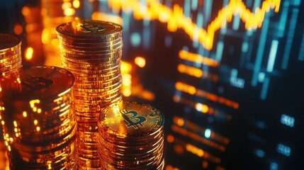 Aufkleber - Glowing golden Bitcoin coins stacked on top of each other, signaling a bull market surge, with a digital chart in the background showing rapid gains.