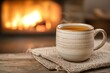 © AucArtStudio - A cozy mug of steaming tea on a wooden table, with a glowing fireplace in the background, creating a warm and inviting atmosphere.