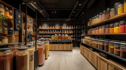 Poster - Vibrant and minimalist spice market with neatly arranged jars and bins of exotic spices, clear signage, and a natural flow inviting customers to explore.