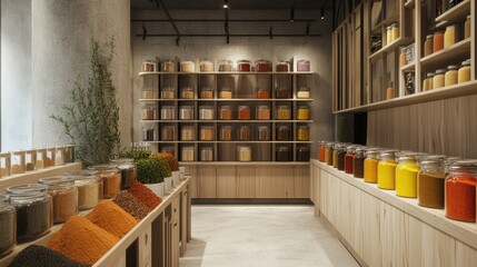 Poster - Vibrant and minimalist spice market with neatly arranged jars and bins of exotic spices, clear signage, and a natural flow inviting customers to explore.