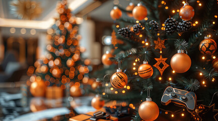 Poster - a Christmas tree. There is an orange star at the top of tree. On the Christmas tree hang orange with black stripes balls, orange and black casino chips, and orange game controllers stylized as toys.