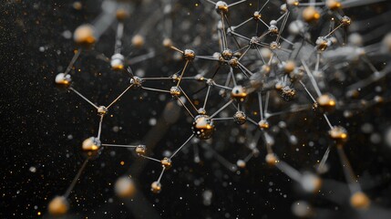 Poster - 3D abstract representation of interconnected atoms and molecules, illustrating the foundation of medical and scientific research at the atomic level