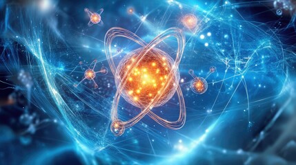 Poster - 3D rendering of molecules and atoms on a dynamic, glowing science background, symbolizing advanced chemistry, medical science, and technological research