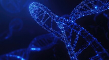 Poster - A 3D polygonal wireframe representation of a DNA molecule helix spiral, set against a deep blue background, signifying medical innovation and genetic science