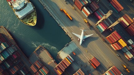 Poster - A dynamic aerial view of trucks unloading cargo at a port, a cargo ship docked, and a plane in the sky, symbolizing global trade