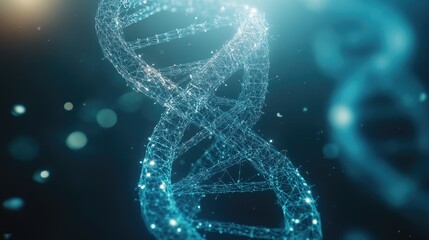 Poster - A glowing 3D polygonal wireframe DNA molecule helix against a striking blue background, representing the future of genetics, chemistry, and biotechnology