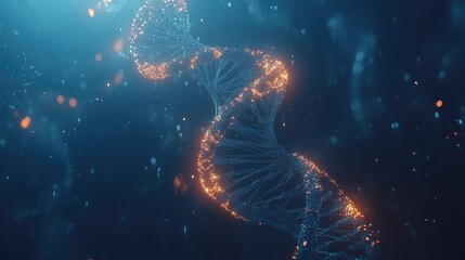 Poster - A glowing 3D polygonal wireframe DNA molecule helix against a striking blue background, representing the future of genetics, chemistry, and biotechnology