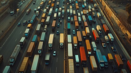 Poster - A packed highway with logistics trucks carrying cargo, depicting the high demand for transport and delivery in the modern world