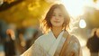 © chic designs - 秋の日差しが降り注ぐ公園を散歩する伝統的な着物を着た女性
