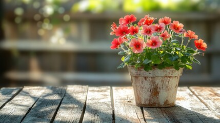 Wall Mural - A potted plant in full bloom sits on a weathered wooden table in the garden, with stray wood planks scattered and the bright sun casting shadows, creating an upbeat feel