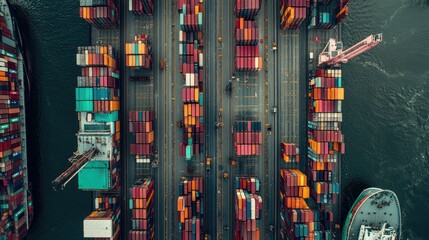 Poster - A vibrant, panoramic shot of containers being loaded onto ships, trucks, and airplanes, highlighting the international logistics network