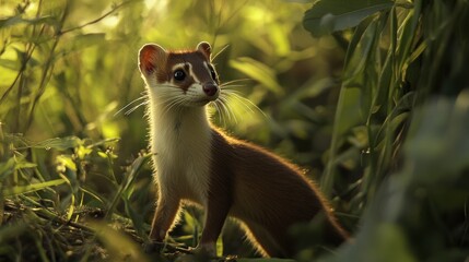 Canvas Print - A Small Brown Weasel in Lush Green Foliage