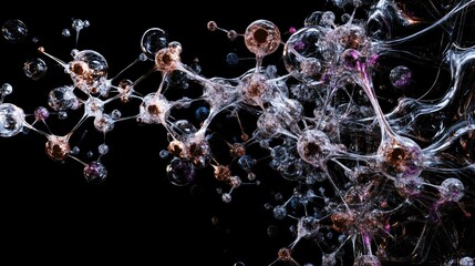 Poster - Abstract 3D model of molecules and atoms interconnecting in a complex structure, representing the core of molecular science and medical research