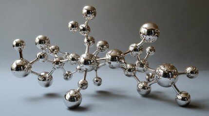 Poster - Abstract 3D model of molecules and atoms interconnecting in a complex structure, representing the core of molecular science and medical research