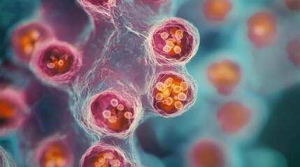 Poster - Close-up of H E stained liver showing hepatocytes with binucleation and enlarged nuclei, illustrating polyploidy in multiples of 4 or more, for scientific analysis