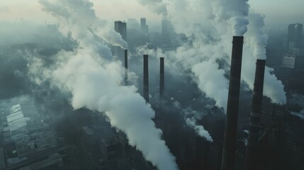 Poster - Close-up of industrial chimneys emitting thick, white smoke, with an urban skyline in the background