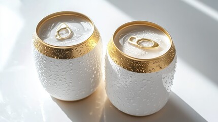 Poster - Close-up of two white and gold soda cans, their surfaces glistening with condensation, sitting on a clean white background for a luxurious feel