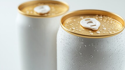 Poster - Close-up of two white and gold soda cans, their surfaces glistening with condensation, sitting on a clean white background for a luxurious feel