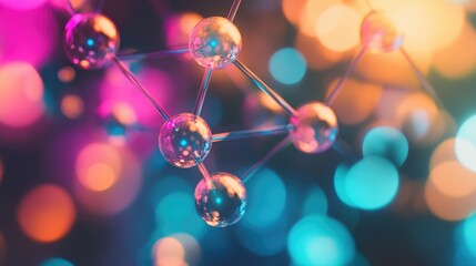 Poster - Colorful atoms and molecules rotating in a 3D abstract model, symbolizing advancements in medical research, chemistry, and molecular science