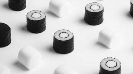 Miniature sushi rolls in black and white on white background