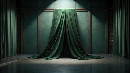 Sticker - Green Draped Fabric on a Dark Green Wall Background